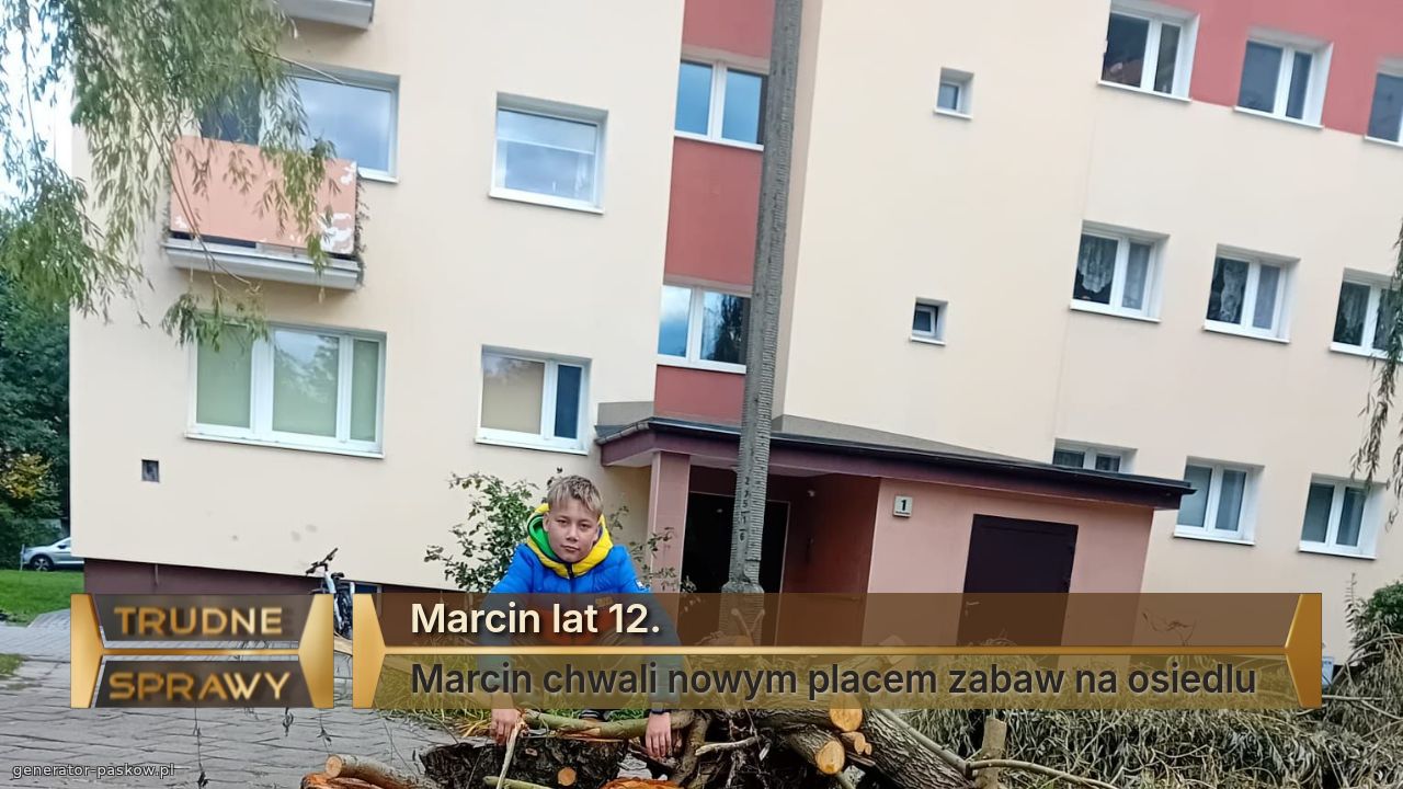 Marcin lat 12.
Marcin chwali nowym placem zabaw na osiedlu 