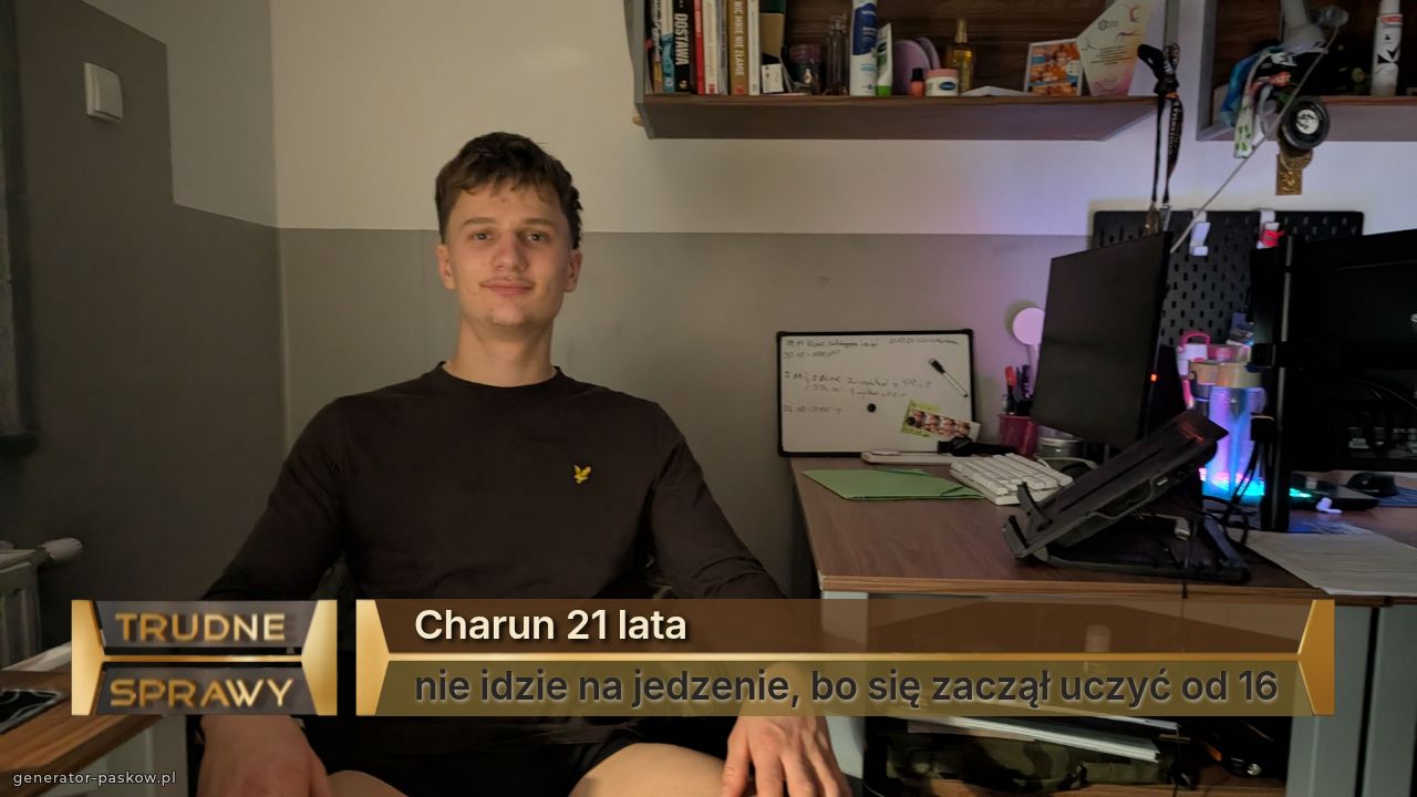 Charun 21 lata
nie idzie na jedzenie, bo się zaczął uczyć od 16