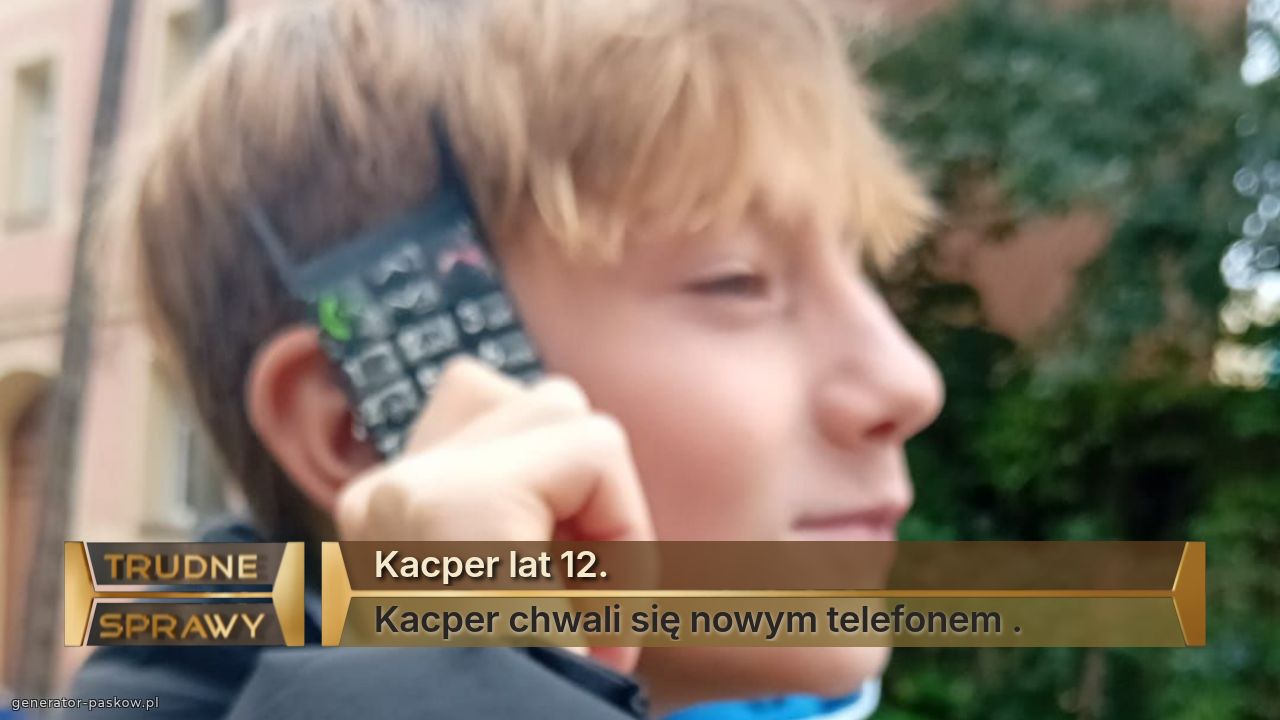 Kacper lat 12.
Kacper chwali się nowym telefonem .