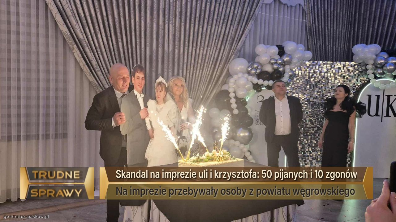 Skandal na imprezie uli i krzysztofa: 50 pijanych i 10 zgonów
Na imprezie przebywały osoby z powiatu węgrowskiego 