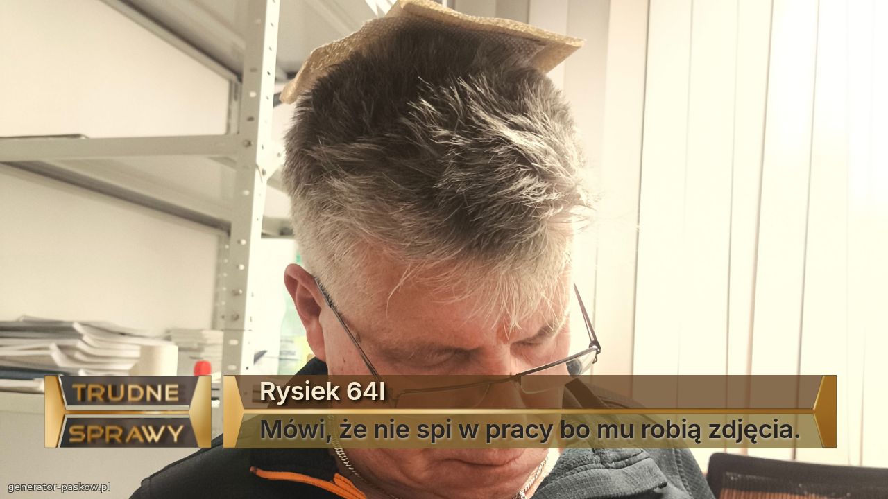 Rysiek 64l
Mówi, że nie spi w pracy bo mu robią zdjęcia.