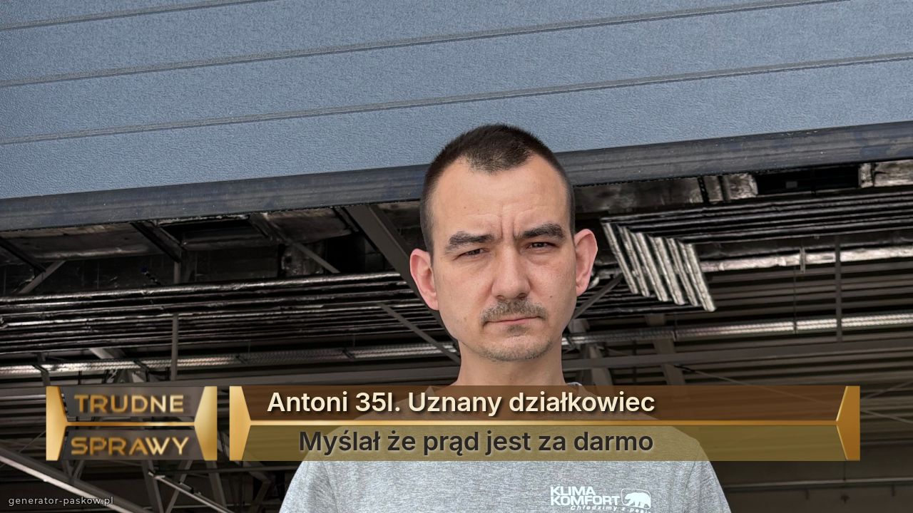 Antoni 35l. Uznany działkowiec 
     Myślał że prąd jest za darmo 