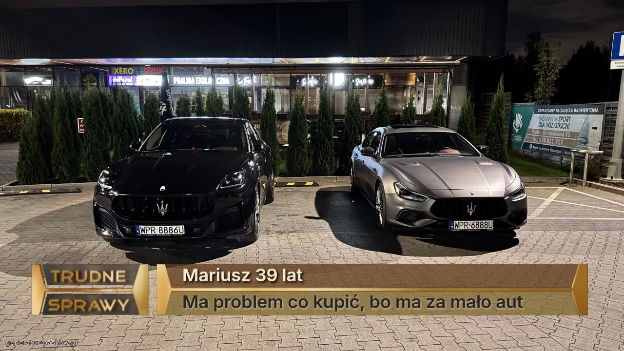 Mariusz 39 lat
Ma problem co kupić, bo ma za mało aut