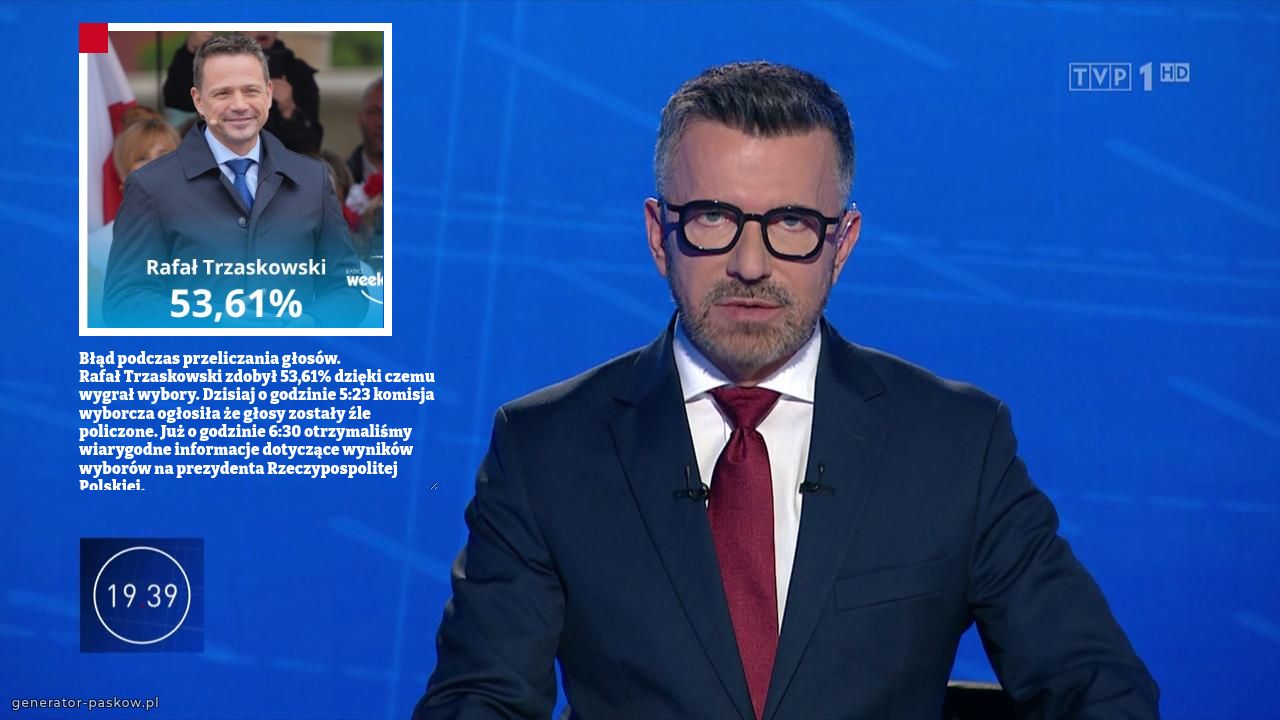 Błąd podczas przeliczania głosów. 
Rafał Trzaskowski zdobył 53,61% dzięki czemu  wygrał wybory. Dzisiaj o godzinie 5:23 komisja wyborcza ogłosiła że głosy zostały źle policzone. Już o godzinie 6:30 otrzymaliśmy wiarygodne informacje dotyczące wyników wyborów na prezydenta Rzeczypospolitej Polskiej.