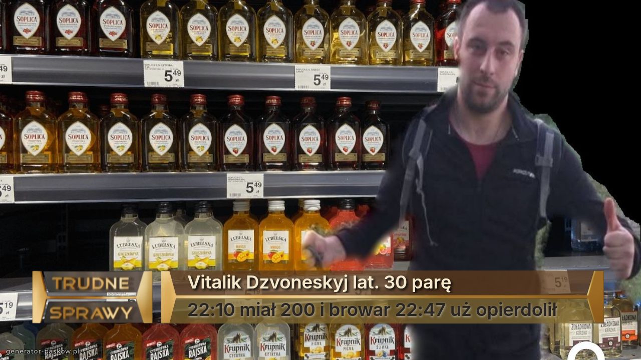 Vitalik Dzvoneskyj lat. 30 parę  
22:10 miał 200 i browar 22:47 uż opierdolił