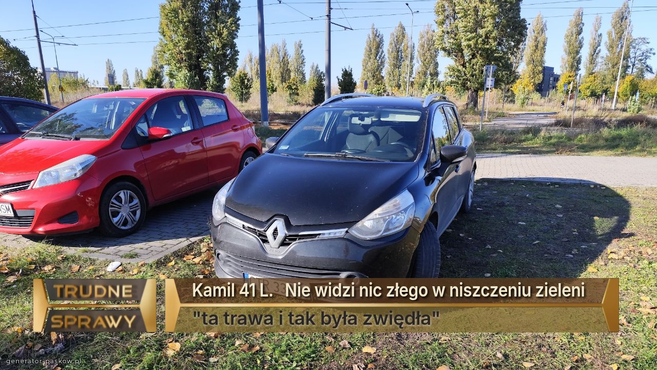 Kamil 41 L.   Nie widzi nic złego w niszczeniu zieleni  
"ta trawa i tak była zwiędła"