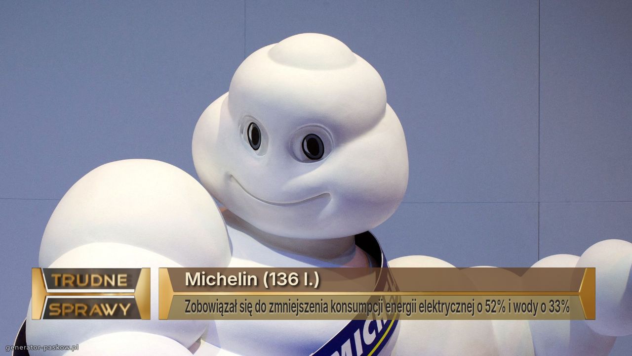 Michelin (136 l.)
Zobowiązał się do zmniejszenia konsumpcji energii elektrycznej o 52% i wody o 33%