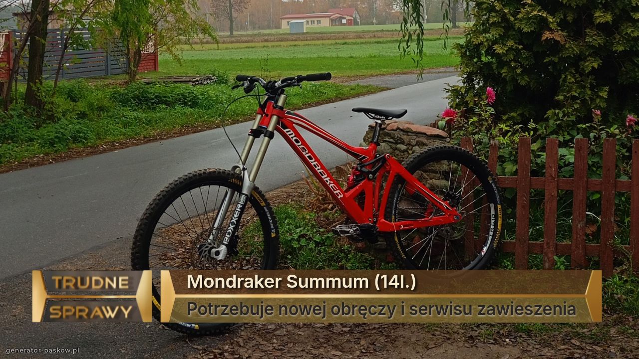 Mondraker Summum (14l.)
Potrzebuje nowej obręczy i serwisu zawieszenia