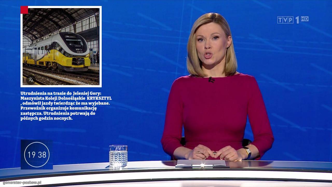 Utrudnienia na trasie do  Jeleniej Gory:
Maszynista Koleji Dolnośląskie  KRYKSZTYL , odmówił jazdy twierdząc że ma wyjebane.
Przewoźnik organizuje komunikację zastępcza. Utrudnienia potrwają do późnych godzin nocnych.