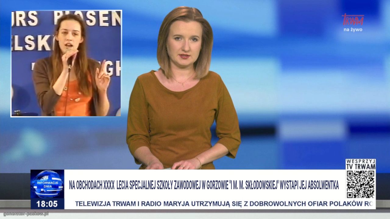 Na obchodach XXXX lecia Specjalnej Szkoły Zawodowej w Gorzowie "i m. M. Skłodowskiej" wystapi jej absolwentka
Anna Ś, która swiom aksamitnym głosem uświetni wydarzenie obchodów. Jest to jedna z absolwentek która bez problemów ukończyła szkołę i podjęła pracę. W imieniu organizatorów zapraszamy.