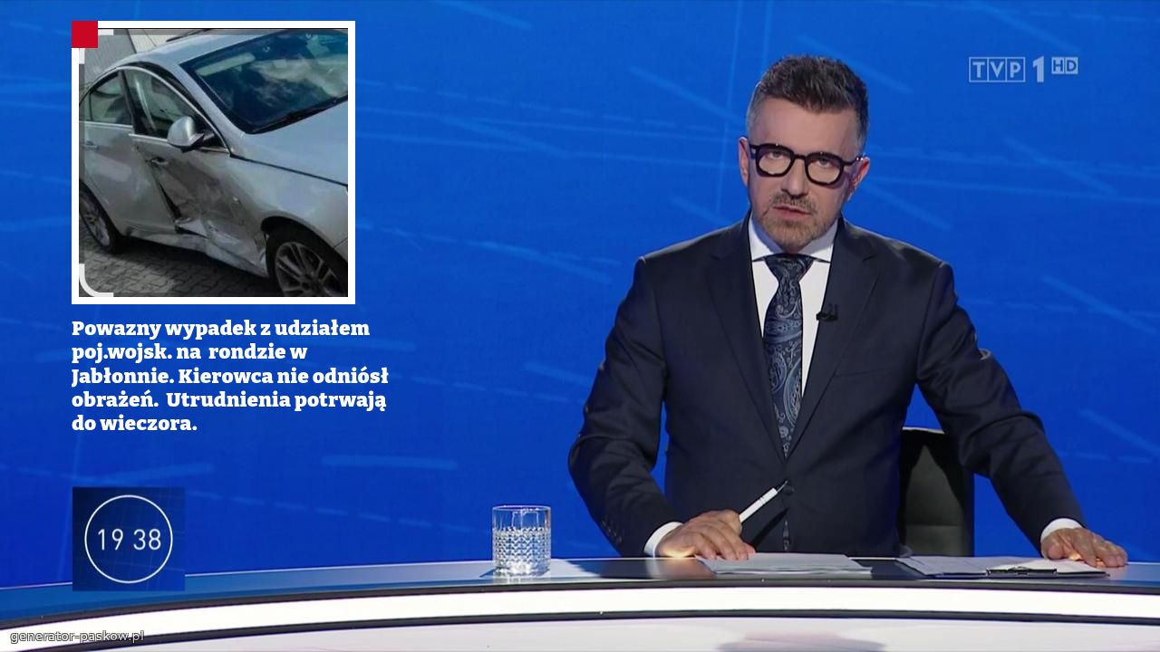 Powazny wypadek z udziałem poj.wojsk. na  rondzie w Jabłonnie. Kierowca nie odniósł obrażeń.  Utrudnienia potrwają do wieczora. 