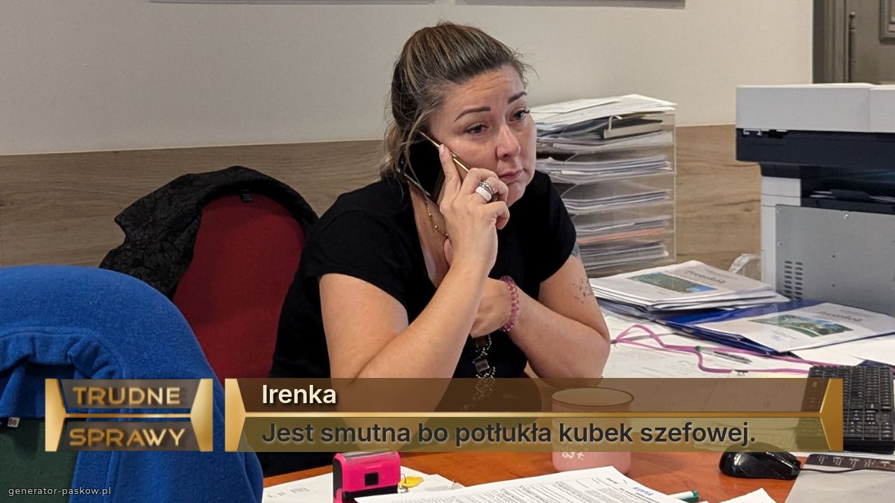 Irenka 
Jest smutna bo potłukła kubek szefowej.