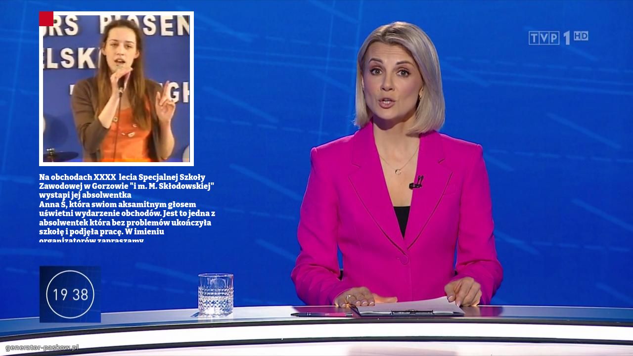 Na obchodach XXXX lecia Specjalnej Szkoły Zawodowej w Gorzowie "i m. M. Skłodowskiej" wystapi jej absolwentka
Anna Ś, która swiom aksamitnym głosem uświetni wydarzenie obchodów. Jest to jedna z absolwentek która bez problemów ukończyła szkołę i podjęła pracę. W imieniu organizatorów zapraszamy.