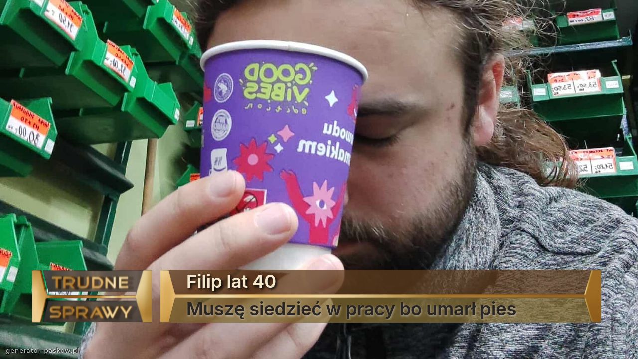 Filip lat 40
Muszę siedzieć w pracy bo umarł pies 