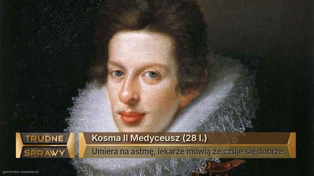 Kosma II Medyceusz (28 l.)
Umiera na astmę, lekarze mówią że czuje się dobrze