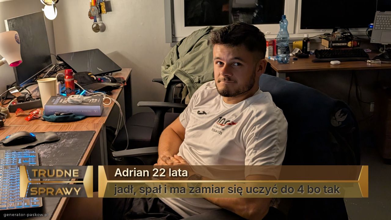 Adrian 22 lata
jadł, spał i ma zamiar się uczyć do 4 bo tak 