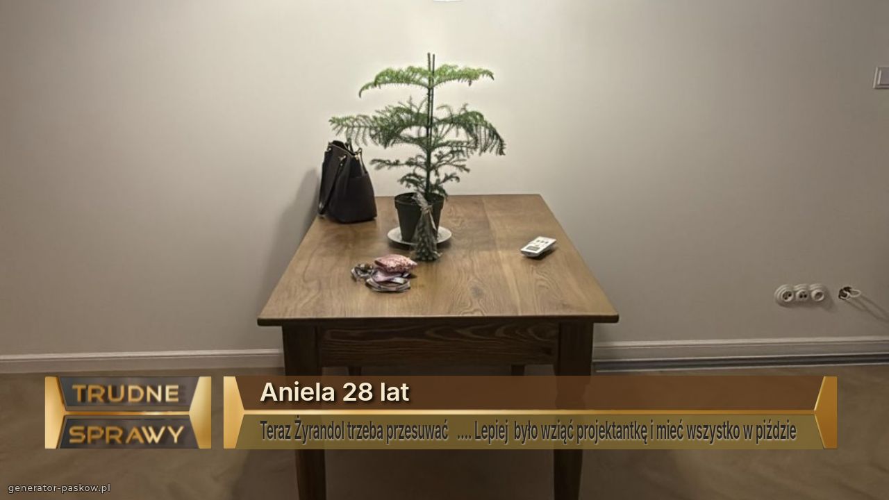 Aniela 28 lat
Teraz Żyrandol trzeba przesuwać   …. Lepiej  było wziąć projektantkę i mieć wszystko w piździe  