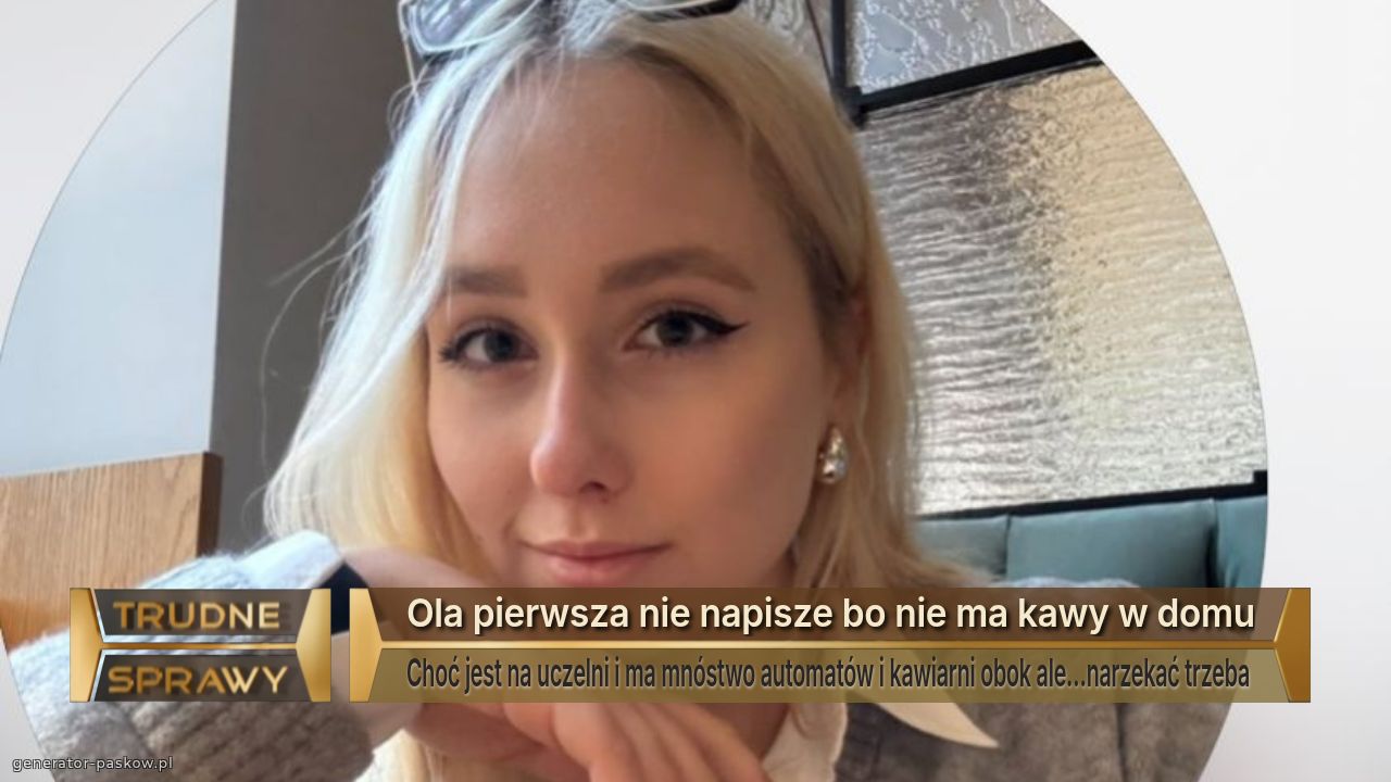 Ola pierwsza nie napisze bo nie ma kawy w domu
Choć jest na uczelni i ma mnóstwo automatów i kawiarni obok ale…narzekać trzeba 