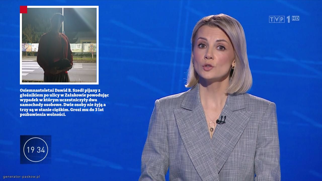 Osiemnastoletni Dawid B. Szedł pijany z głośnikiem po ulicy w Załakowie powodując wypadek w którym uczestniczyły dwa samochody osobowe. Dwie osoby nie żyją a trzy są w stanie ciężkim. Grozi mu do 3 lat pozbawienia wolności. 