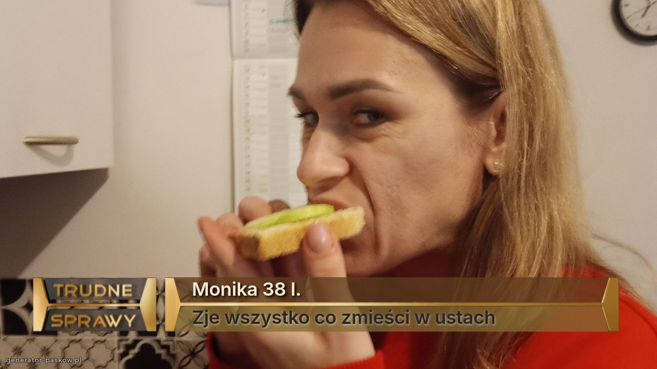 Monika 38 l.
Zje wszystko co zmieści w ustach
